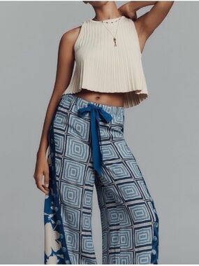 Tracy Reese Blue and Cream Wide-Leg Pants